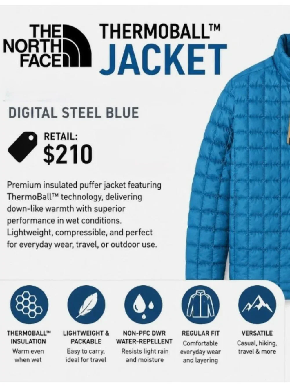 The North Face ThermoBall Jacket Men's M Medium Blue Insulated Puffer TNF DWR